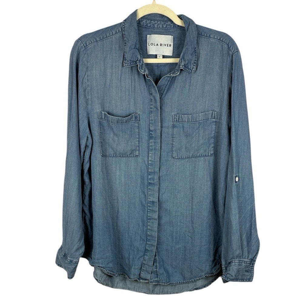 Lola River Boho Light Blue Chambre Denim Collared Roll-Up Sleeve Large Blouse
